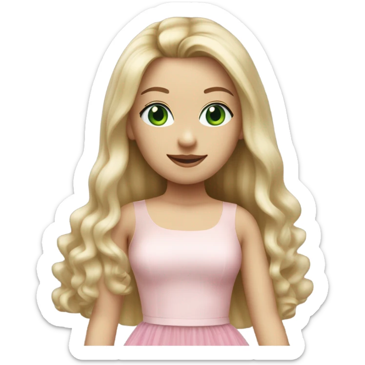 Realistic White woman with Long blonde straight hair and green eyes, wearing Long soft pink tiered tulle skirt, isolated sticker