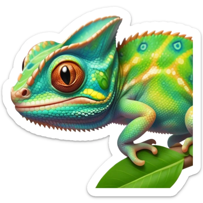 cinematic cute-smiling baby chameleon-realistic emoji,-blending-with-vibrant-greenery.-detailed-scales-in-shifting-colors,-showing-the-chameleon’s-ability-to-camouflage.-soft-natural-light-highlights-its-texture.-light-background, zoomed into its face sticker