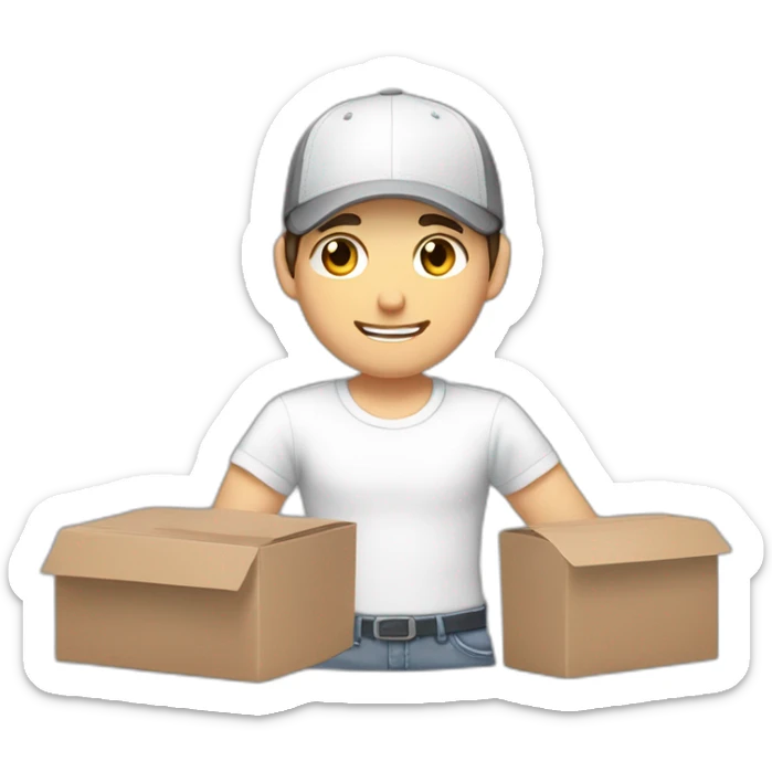 Pale skinned fit Man with dark brown hair in a white cap, gray jeans and gray polo T-shirt keeping a pasted with tape box into his hands sticker
