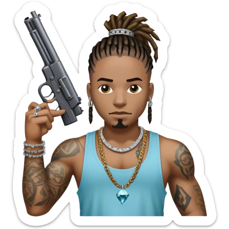 african-american race pig with dreads looking gangster with gun and tank top, with diamond blinging chain, with tattoos sticker