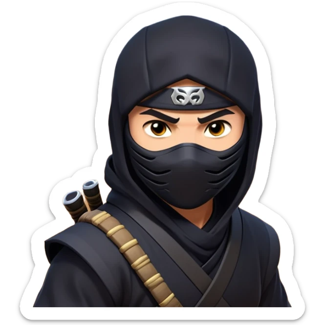 clash-of-clans-aesthetic_-cinematic-mysterious-male-ninja-portrait-emoji, rendered in a flat, vector-style with minimal shading and bold, simplified shapes, with a head slightly turned revealing intense, focused eyes, perched crouched next to an agile trained panther tiger with glossy fur moving silently through shadowed urban rooftops and moonlit alleyways. sticker