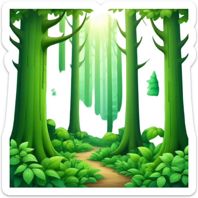 A vibrant, cartoon-style emoji of a dense green forest with tall trees, soft sunlight filtering through leaves, and a misty atmosphere, in shades of emerald and moss green. sticker