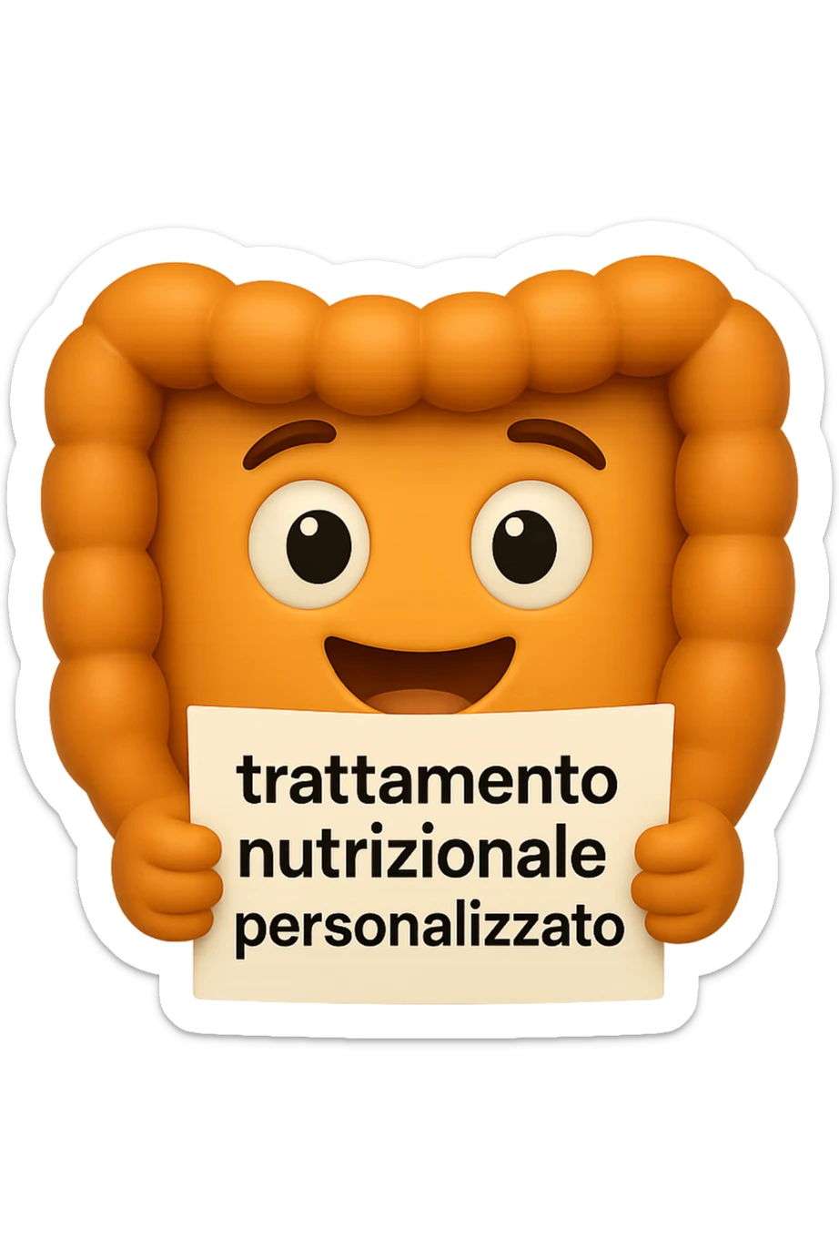 emoji stile iphone di un intestino felice che legge un foglio con la scritta "trattamento nutrizionale personalizzato", non fargli il naso, iperrealistico 4k sticker