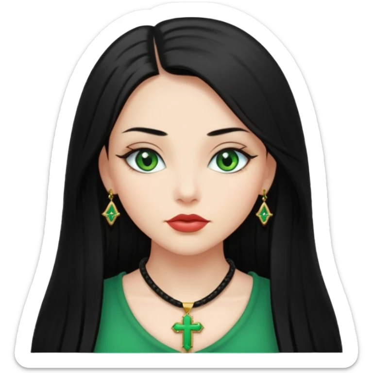 Girl, long black straight hair, green eyes, plump lips, cross necklace  sticker