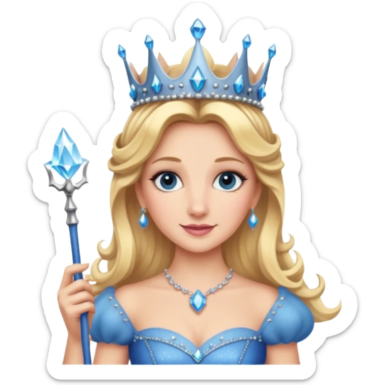 Glinda from Wicked, cheerful, blonde hair, sparkly crown, blue gown, holding a wand sticker