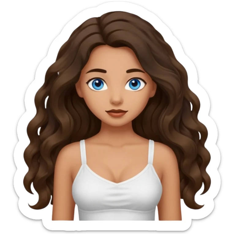 Girl with olive skin, blue eyes, brown dark insanely wavy long hair, white camisole, this pose 💁‍♀️ sticker