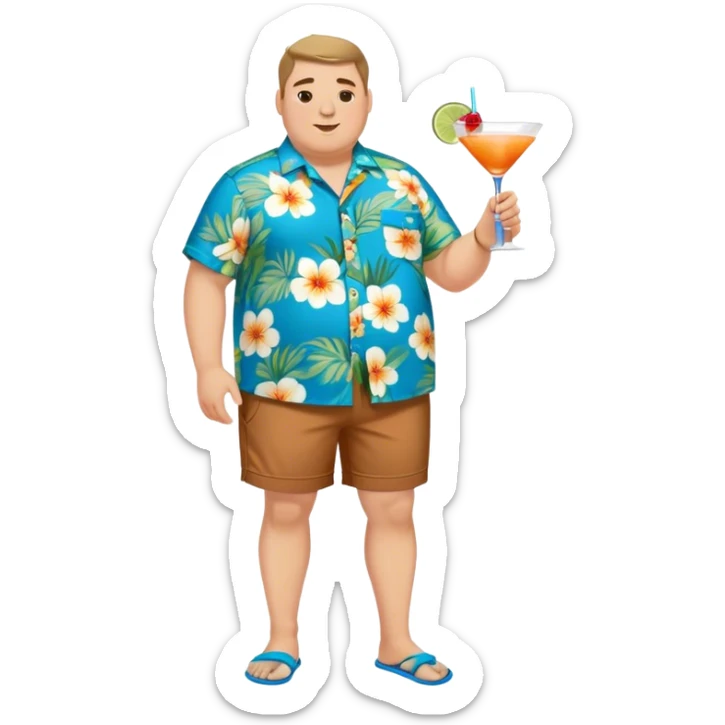 chubby guy full figure in a flowered azure havai shirt, brown shorts and flippers holding a cocktail sticker