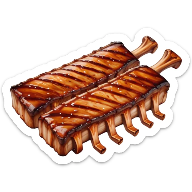 Cinematic juicy grilled ribs, glistening with smoky barbecue sauce, charred edges, tender meat falling off the bone, sizzling on a hot grill, mouthwatering and rich, warm and inviting, ultra-realistic and delicious. sticker
