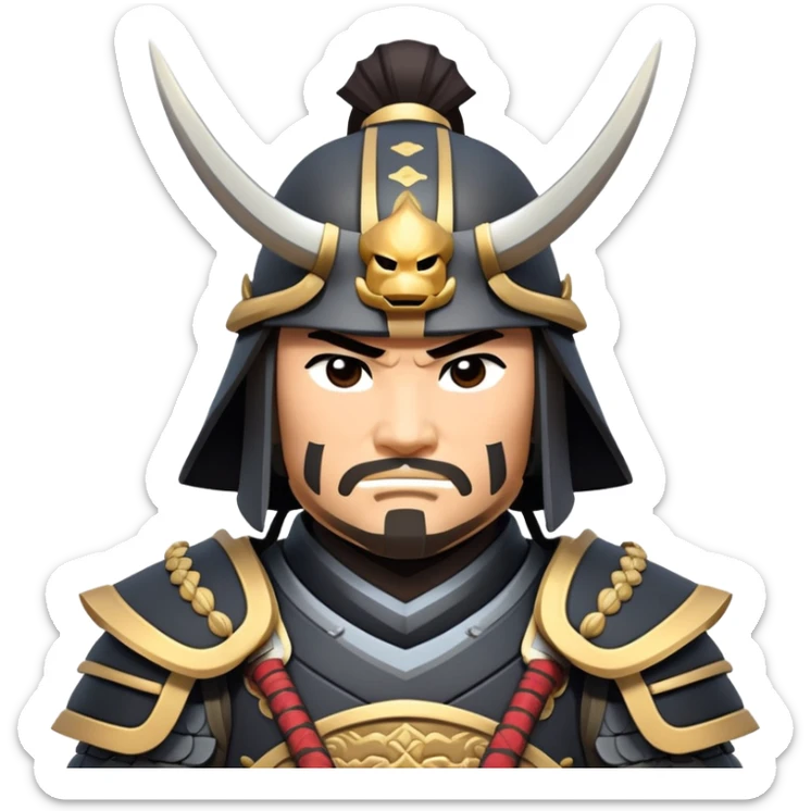 clash-of-clans-aesthetic_-cinematic-fearsome-and-majestic-samurai-bust-portrait-emoji, rendered in a flat, vector-style with minimal shading and bold, simplified shapes typical of emoji art, depicting a battle-hardened samurai with steely eyes and traditional black Japanese armor, riding a noble grey warhorse adorned with an intricately designed saddle and fluttering banners, against a backdrop of cherry blossoms and a rising sun. sticker