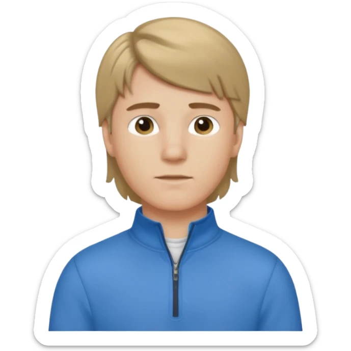 boy with dark blonde hair in a mullet with a neat blue shirt and quarter zip sticker