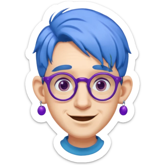 blue haired man mid length hair with big ears and purple earrings and spectaclesi happy sticker