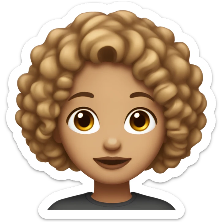curly girl with light brown hair under a bob, brown eyes and plump lips, small nose sticker