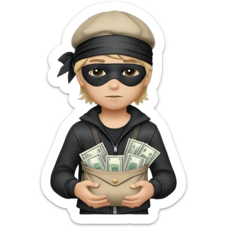 A blonded hair boy, blindfolded, hat and thief's clothes, with a bag of money in his lap. sticker