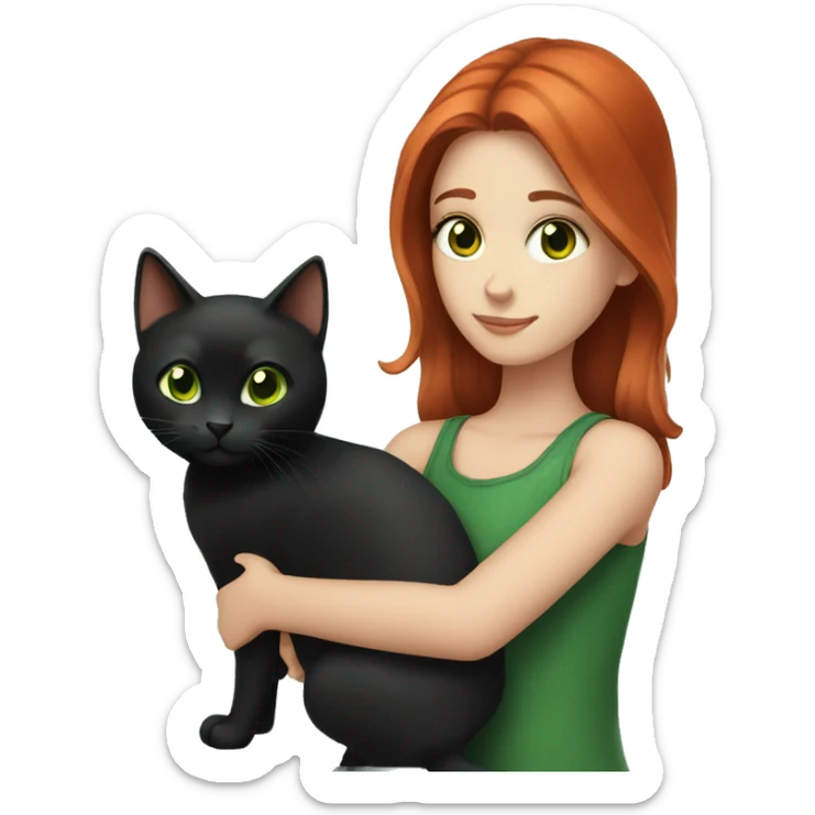 girl with red hair and brown eyes holding a black cat with green eyes sticker