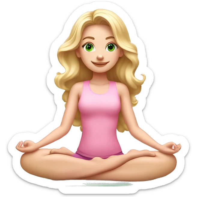 blonde long curled hair and green eyes yoga beautiful girl in light pink pink pink clothes sitting on a yoga mat sticker