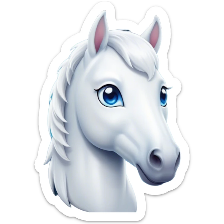 Cinematic Cute White Horse Portrait Emoji, Head tilted playfully and inquisitively, showcasing a glossy white fur with a luminous sheen and gentle, expressive blue eyes, Simplified yet irresistibly adorable features, highly detailed, glowing with a warm, friendly glow, high shine, affectionate and spirited, stylized with a touch of whimsy, bright and endearing, soft glowing outline, capturing the essence of a mischievous yet loving horse, so playful it feels like it could prance out of the screen and into your arms! sticker