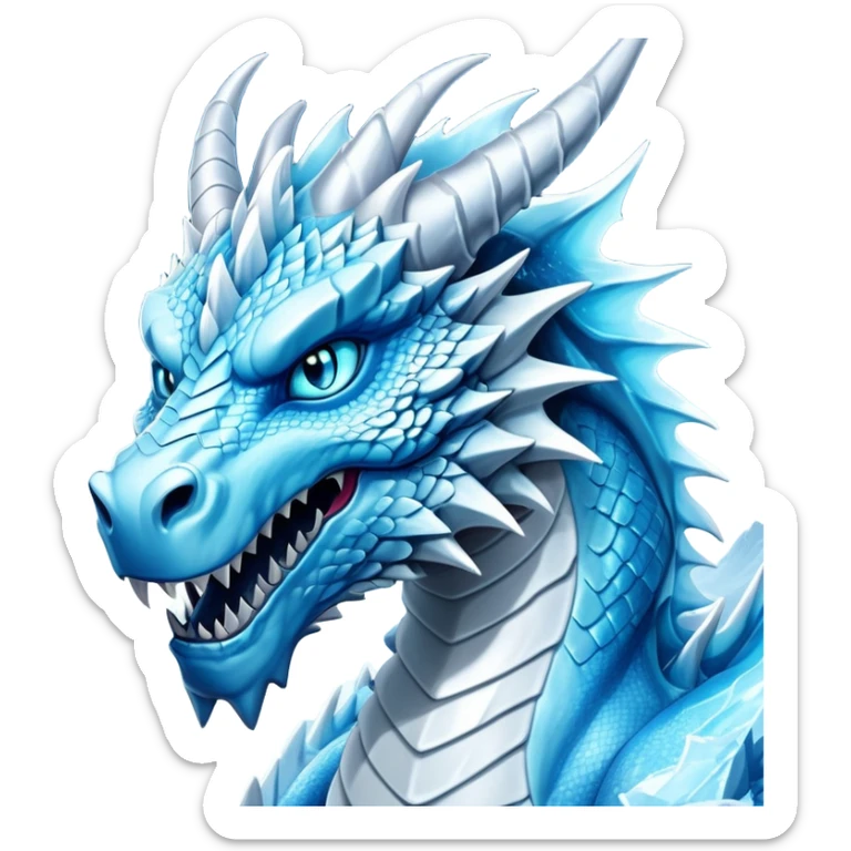 Cinematic Noble Fierce Ice Dragon Portrait Emoji, Poised and imposing, with a muscular, scaled body shimmering in glacial hues of icy blue, frostbitten silver, and crystalline white, and piercing, glowing eyes that radiate the chilling depths of an arctic storm; rendered in detail. sticker