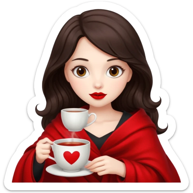 Long wavy dark brown haired, white skinned, dark big eyed girl with red lipstick wrapped in a red blanket, sipping tea and reading a book sticker
