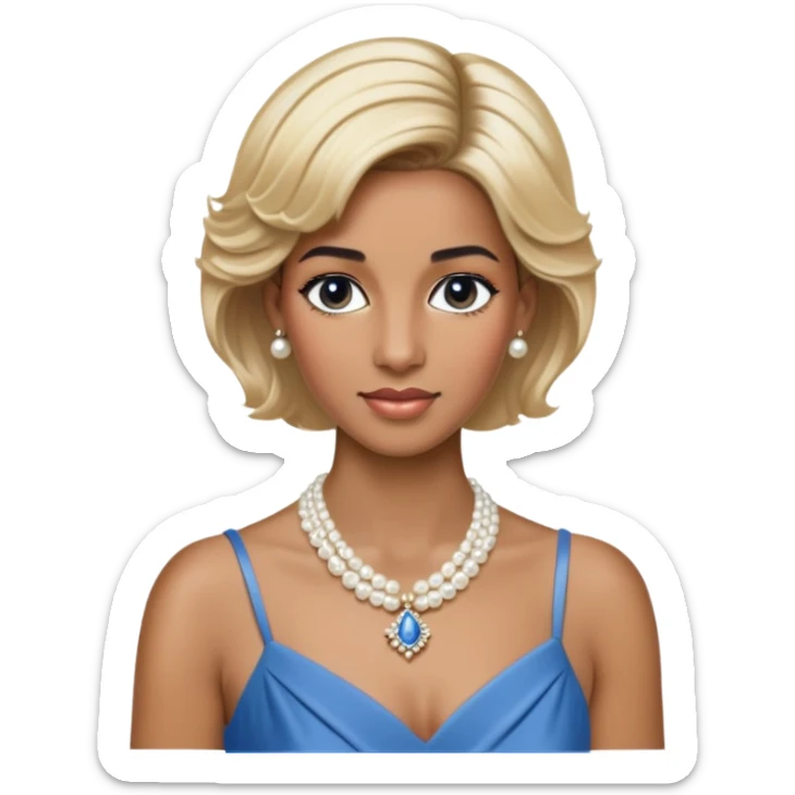black woman with Princess Diana's iconic short blonde hairstyle, pearl necklace, and elegant blue dress sticker
