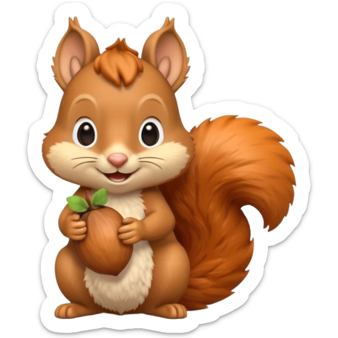 A 3D cartoon squirrel holding an acorn, fluffy tail curled up, orange-brown fur, happy face, soft natural light, Memoji-style look. sticker
