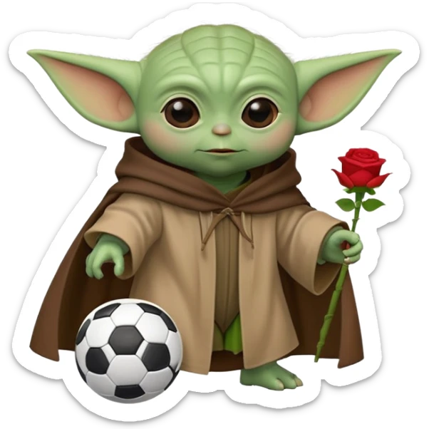 baby yoda kicking a soccer ball with small roses beside him sticker