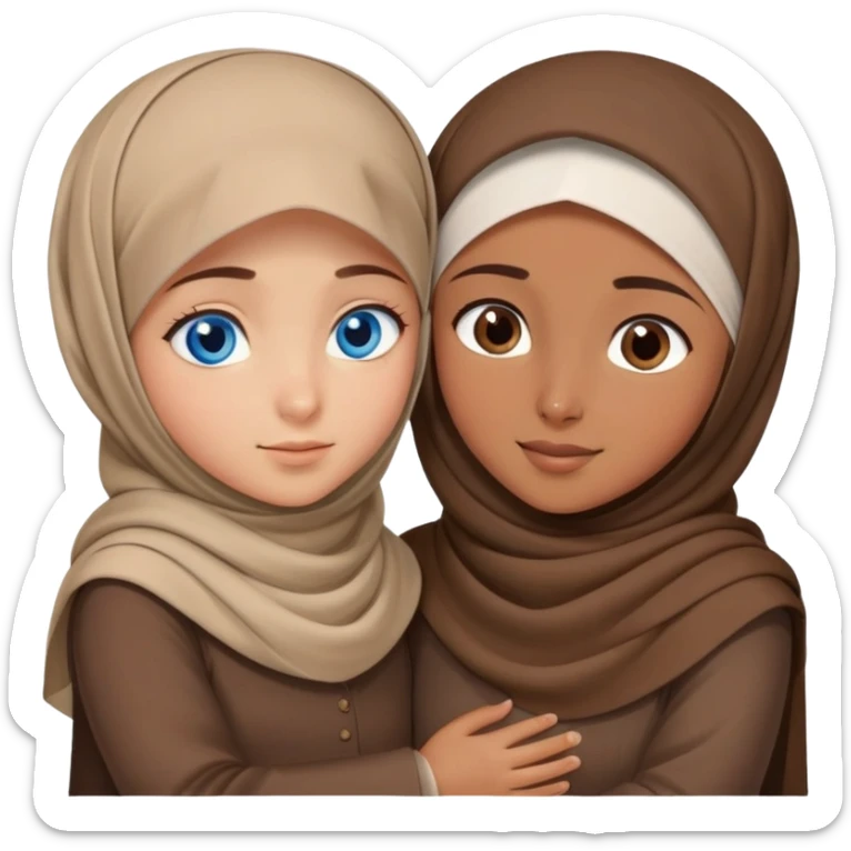 Turkish beautiful finish Konya girl blue eyes with brown beige hijab islamic dress and hugs with brother  sticker