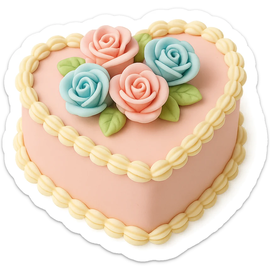 heart-shaped fondant cake with piped roses, fondant cake art style sticker