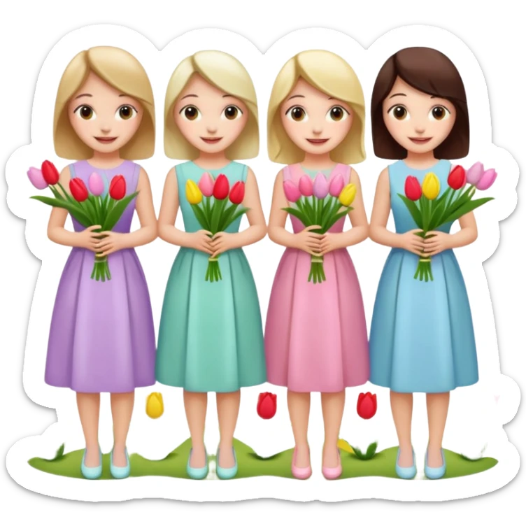 5 girls at a garden party wearing pastel dresses and holding tulips sticker