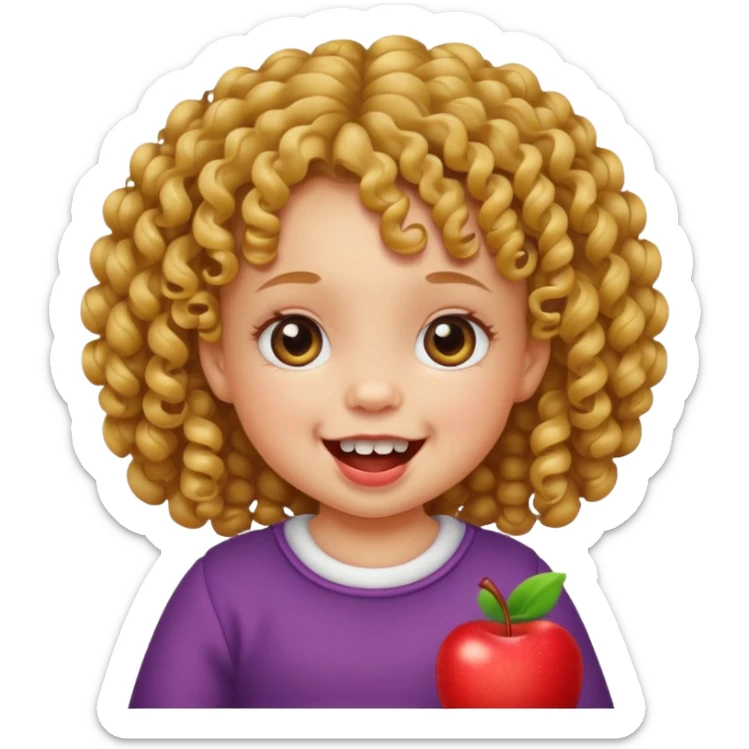 baby girl with curly hair, two upper teeth and two lower teeth, Apple emoji style sticker