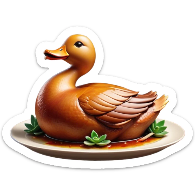 Cinematic Realistic Peking Duck Dish Emoji, depicted with crispy, roasted duck with glistening skin and succulent meat, rendered with rich textures and dramatic, appetizing lighting. sticker