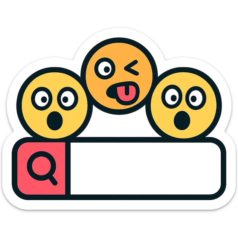 playful icon of a search bar with silly or surprised emoji faces popping out sticker