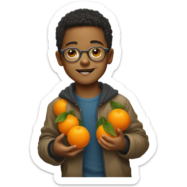 portrait of a cute boy with mandarin oranges for chinese new year plus round metal frame specs sticker