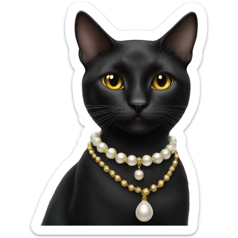 beautiful female black cat wearing gold and pearl necklace  sticker