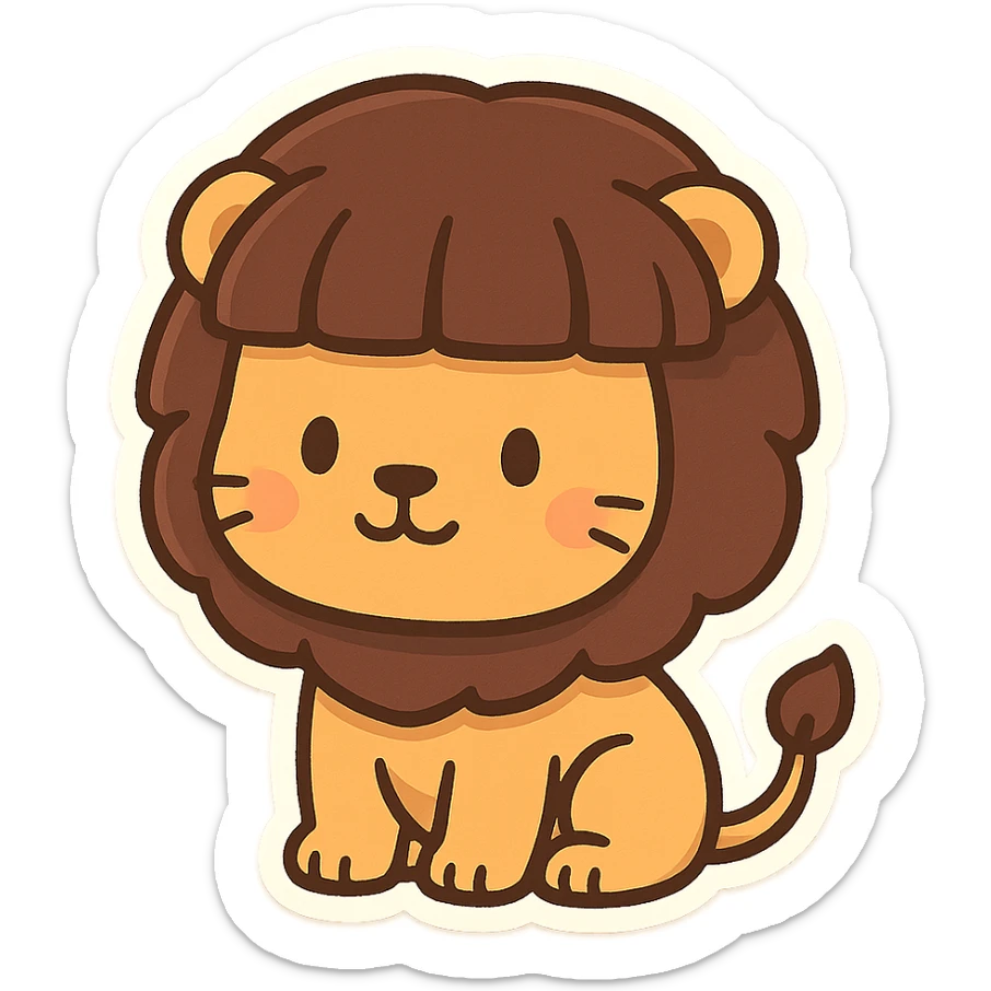 stylized lion with round face and bowl haircut, simple background, chibi stickers style sticker