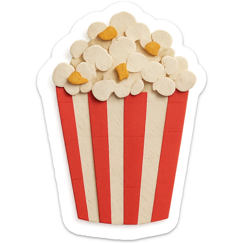 red and white striped movie theater popcorn bucket with buttered popcorn sticker