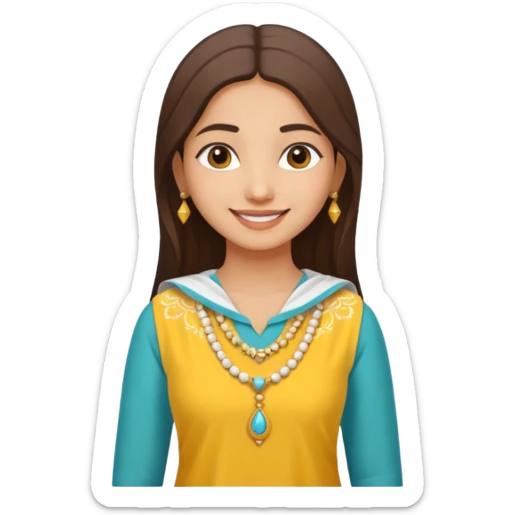 generate an ios genmoji in a bratz style of a fair beautiful indian girl wearing a casual kurti (yellow) with dupatta around her neck in white sticker