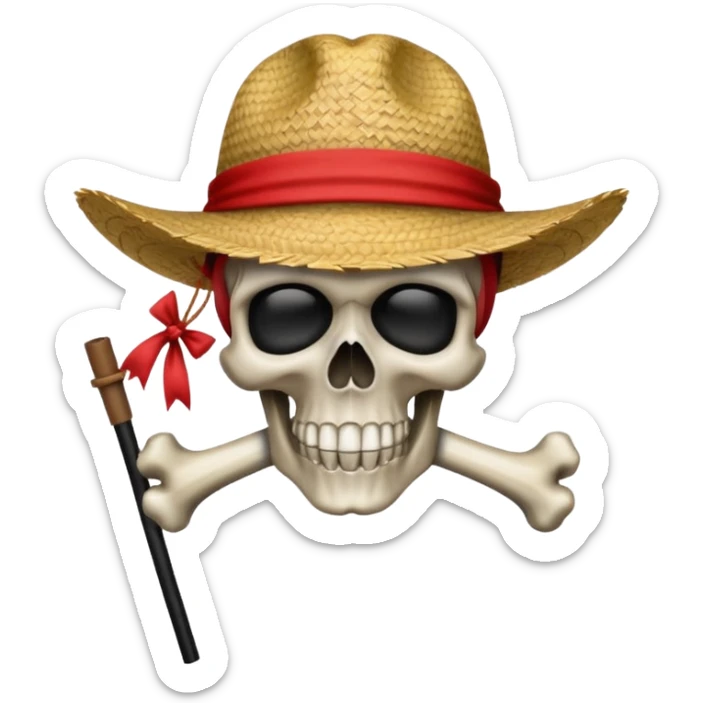Fait moi ce drapeau 🏴‍☠️ a l'identique et met lui sur la tête de mort un chapeau de paille avec un fil rouge sticker