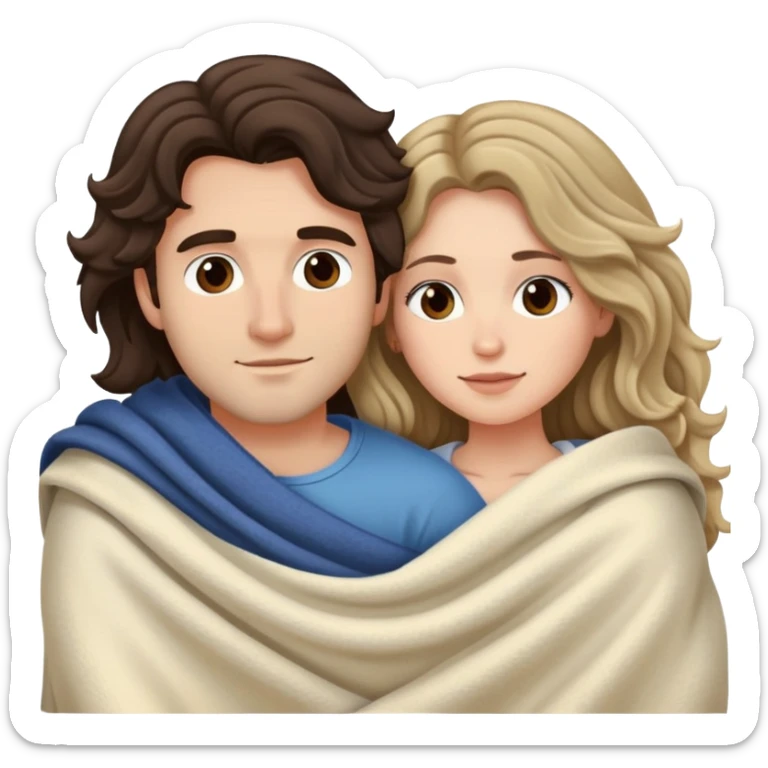 Man with dark brown wavy hair and one woman with long dark blond wavy hair in bed cuddling with blanket sticker