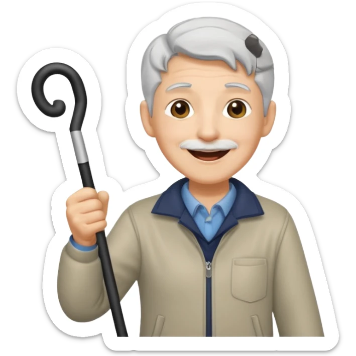 A grey-haired fan with cane in hand, cheering loudly with youthful spirit. sticker