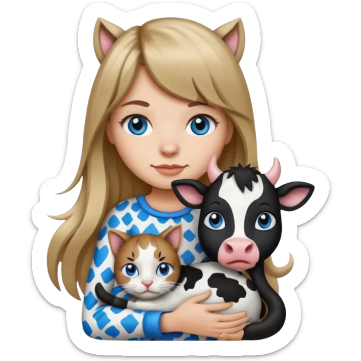 Apple-style emoji sticker of a young woman with long dark blond hair and bang, blue eyes , holding a cat black and white like a cow patch on her chest.  sticker