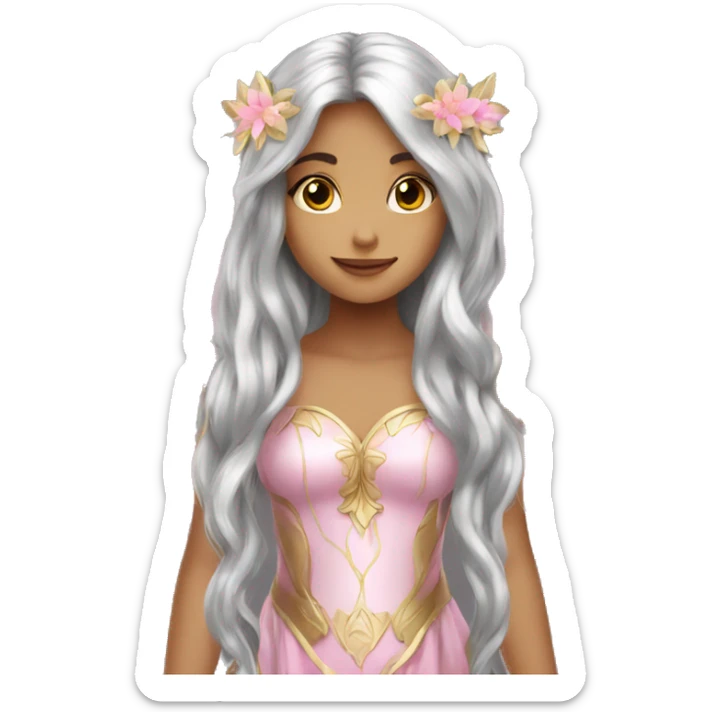 Beautiful, flower, fairy, pink, silver, gold, long hair, big wings sticker
