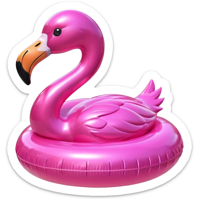 3D render of Pool Flamingo made of shiny inflatable vinyl, visible seam lines, air valve, highly reflective plastic texture, pool toy aesthetic, Apple emoji style, isolated on white background --v 6.0 sticker