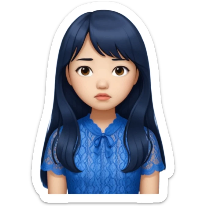 Long hair asian girl with curtain bangs with a blue lace top on with sad expression sticker