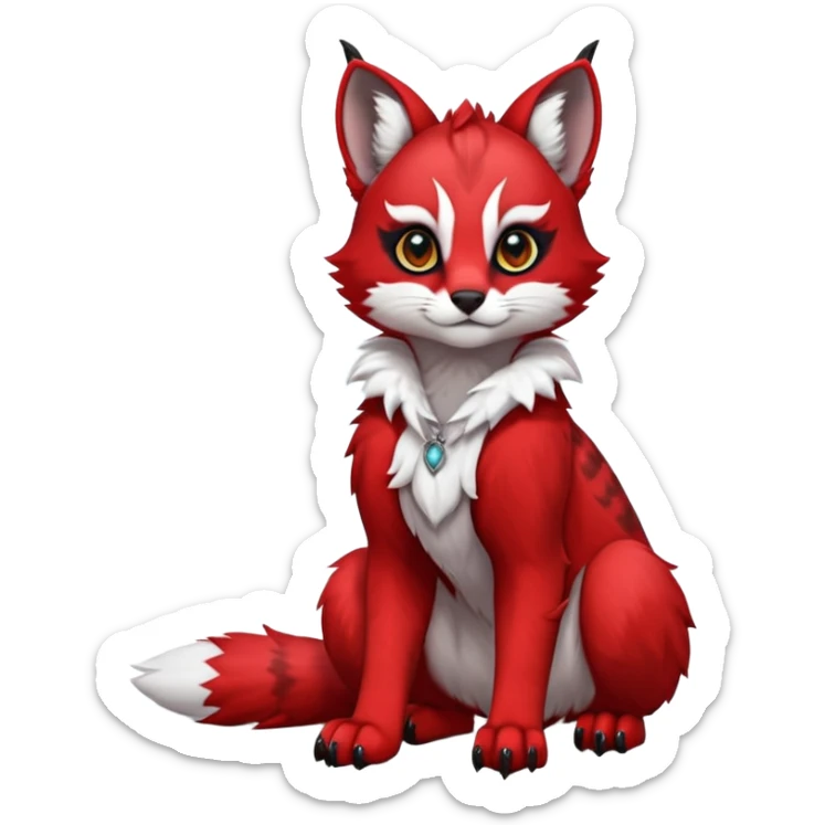 Cute kawaii cool edgy badass  bright cherry-red fur with clean snow-white chest and muzzle fantasy-caracal-civet-genet-sergal-vernid-Gryphon-Cacomistle-Trico-oncilla-animal-Fakémon-hybrid-fursona (full body), facial markings, (realism style) sticker