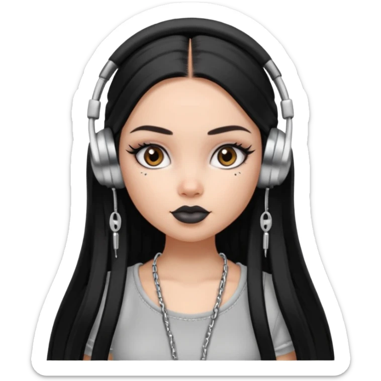 generate a pretty bratz girl with black long straight hair and silver headphones on, brown lipstick tattoo on shoulder, eyeliner on, silver hoops sticker