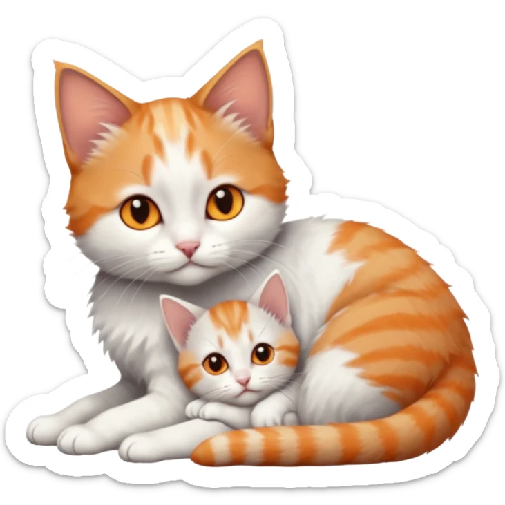 full body of very small + skinny ginger and white kitten with deep orange eyes and triangular shaped face lying down cuddling a grey and white kitten who is a bit bigger than him sticker