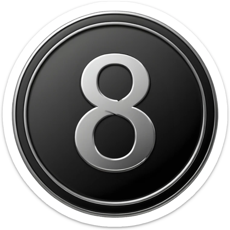 Emoji icon of a black coin with engraved number 8, minimalist style, isolated sticker