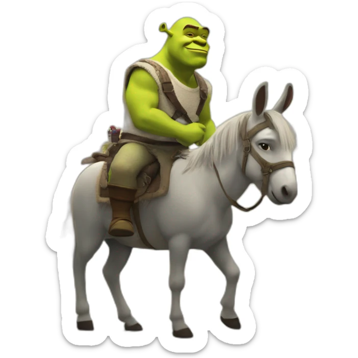 shrek con un burro en una ciudad futurista sticker