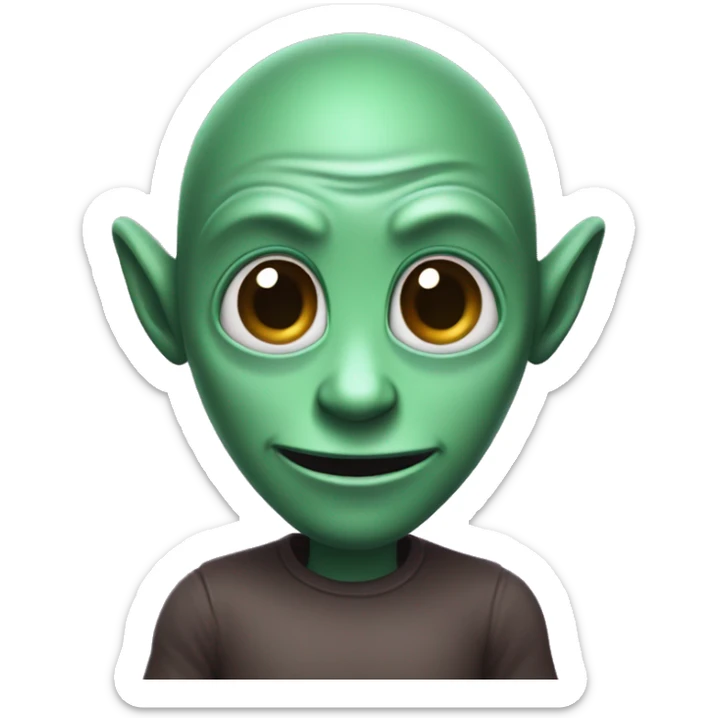 a darkgreen alien with brown hair, and purple eyes, with a modest smile, show hello with his hands,  sticker