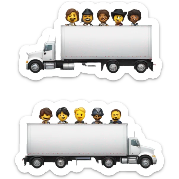 six musketeers driving a semi, no weapons, diverse, male & female, semi truck and trailer sticker